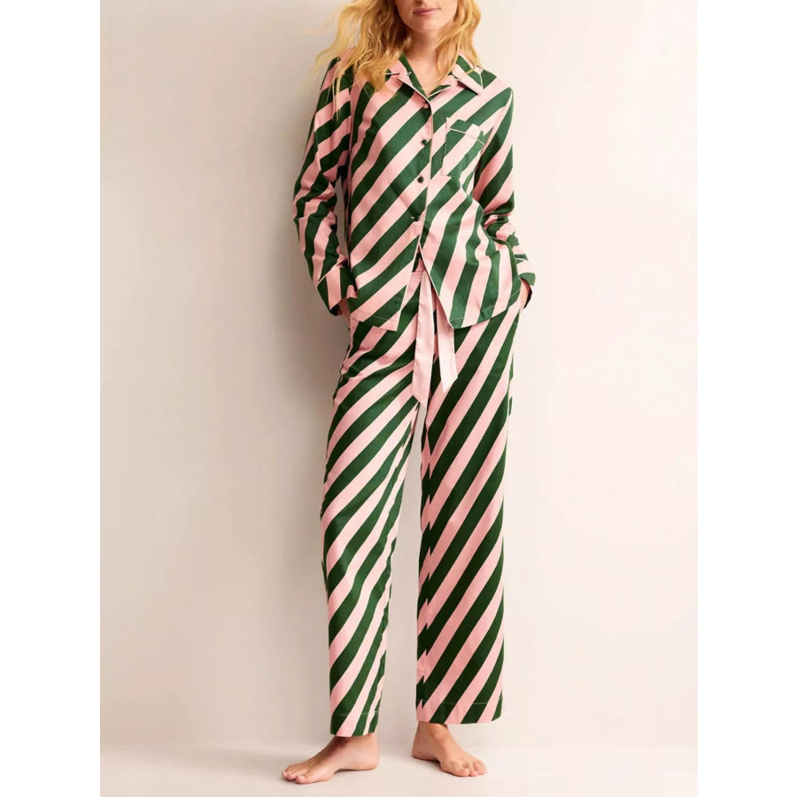 Striped Long Sleeve Shirt and Pants Lounge Set Dark Green / S Apparel and Accessories