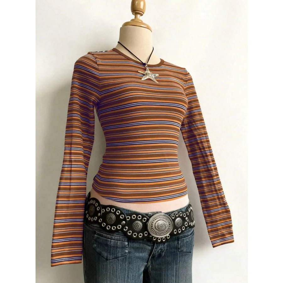 Striped Long Sleeve Slim Fit T-Shirt Brown / XXS Apparel and Accessories