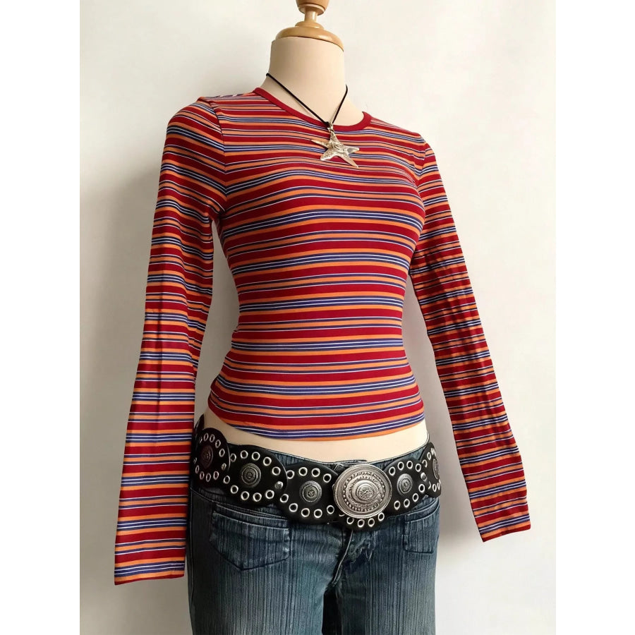 Striped Long Sleeve Slim Fit T-Shirt Deep Red / XXS Apparel and Accessories