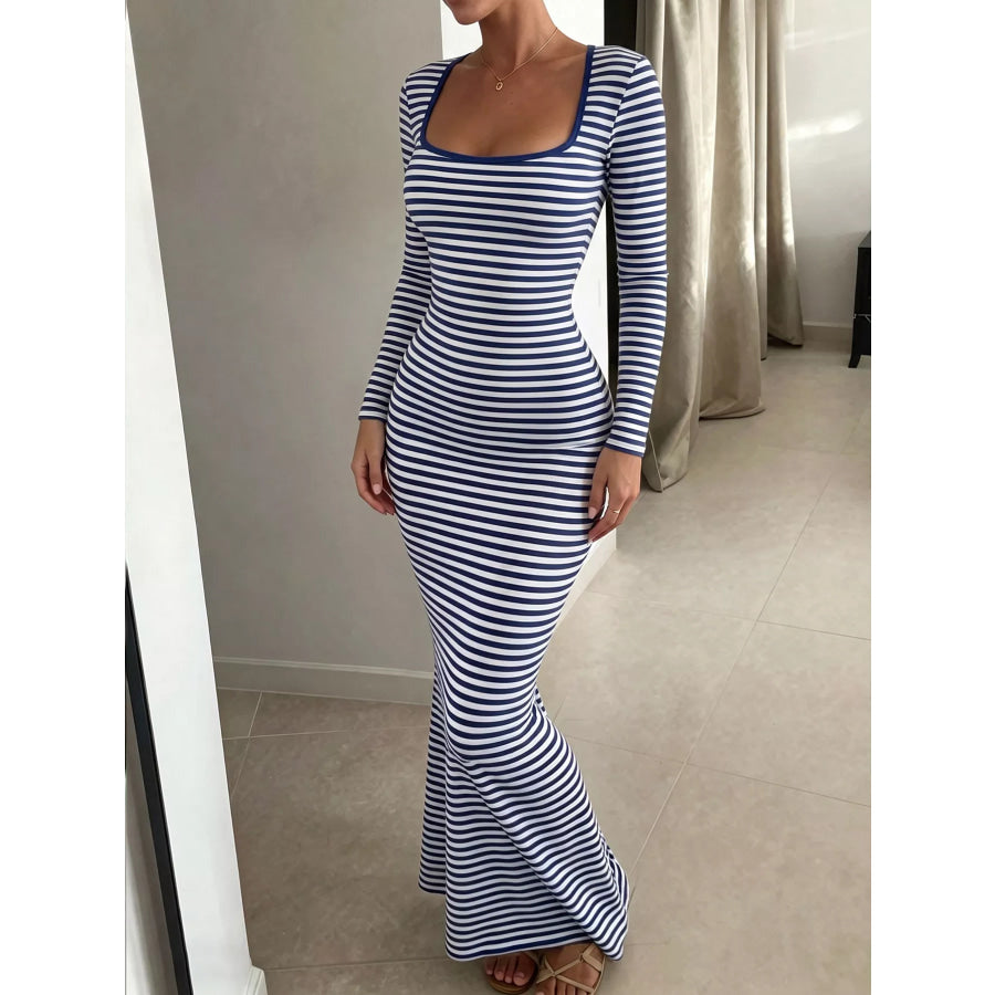 Striped Long Sleeve Square Neck Maxi Dress Apparel and Accessories