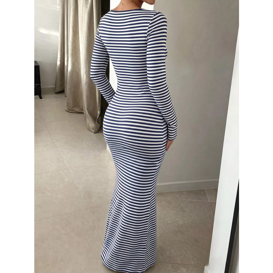 Striped Long Sleeve Square Neck Maxi Dress Apparel and Accessories