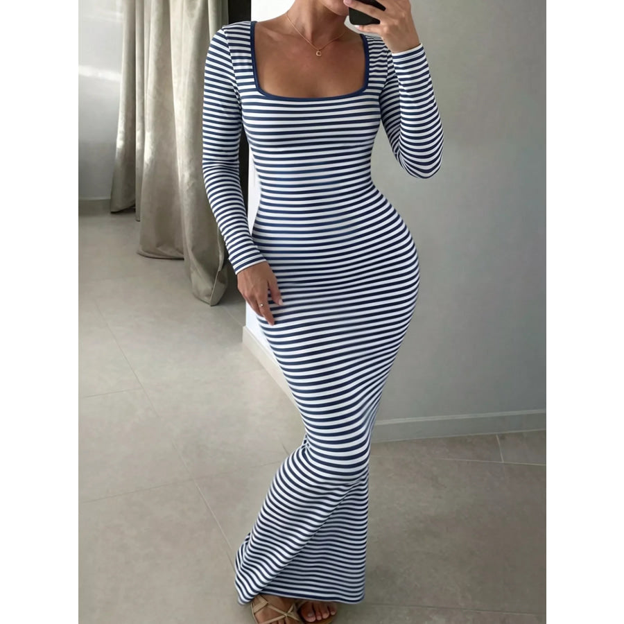 Striped Long Sleeve Square Neck Maxi Dress Blue / S Apparel and Accessories