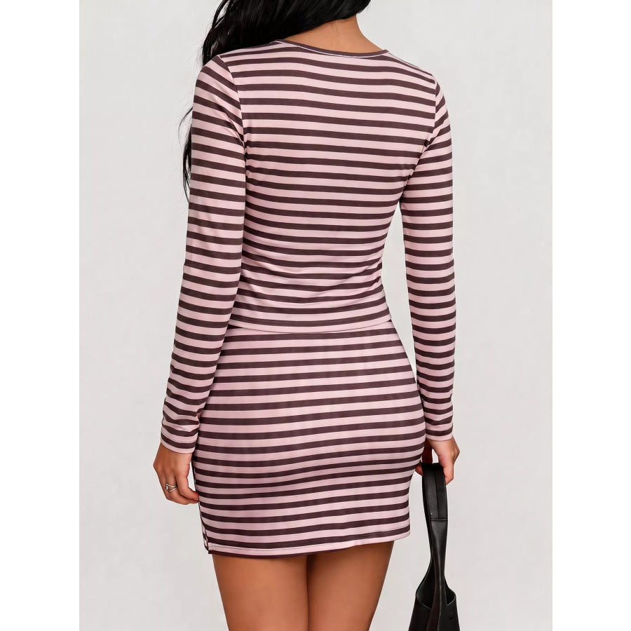 Striped Long Sleeve Square Neck Top and Mini Skirt Two-Piece Set Apparel Accessories