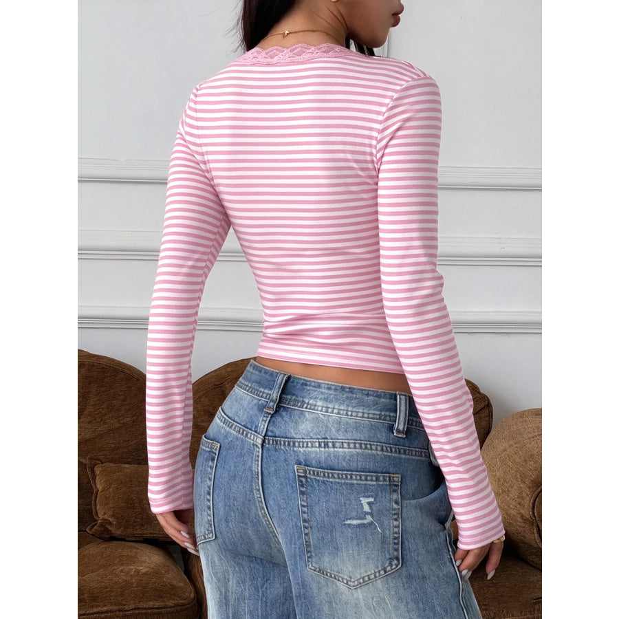 Striped Long Sleeve T-Shirt with Lace Trim Square Neck Apparel and Accessories