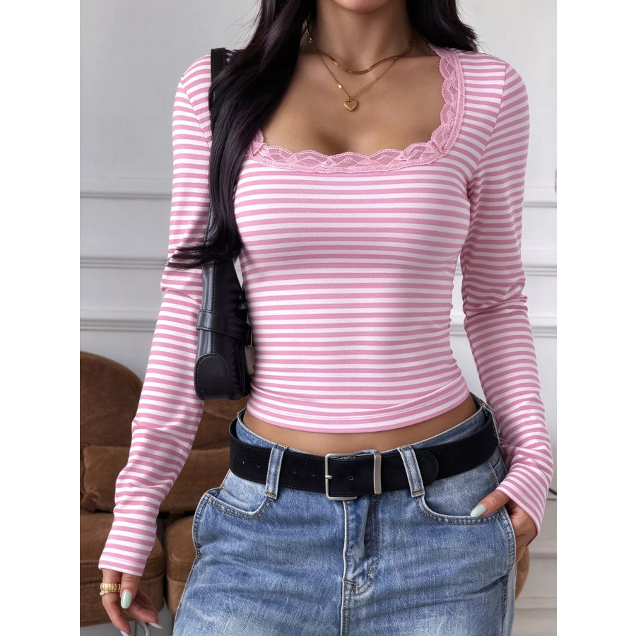 Striped Long Sleeve T-Shirt with Lace Trim Square Neck Pink / S Apparel and Accessories