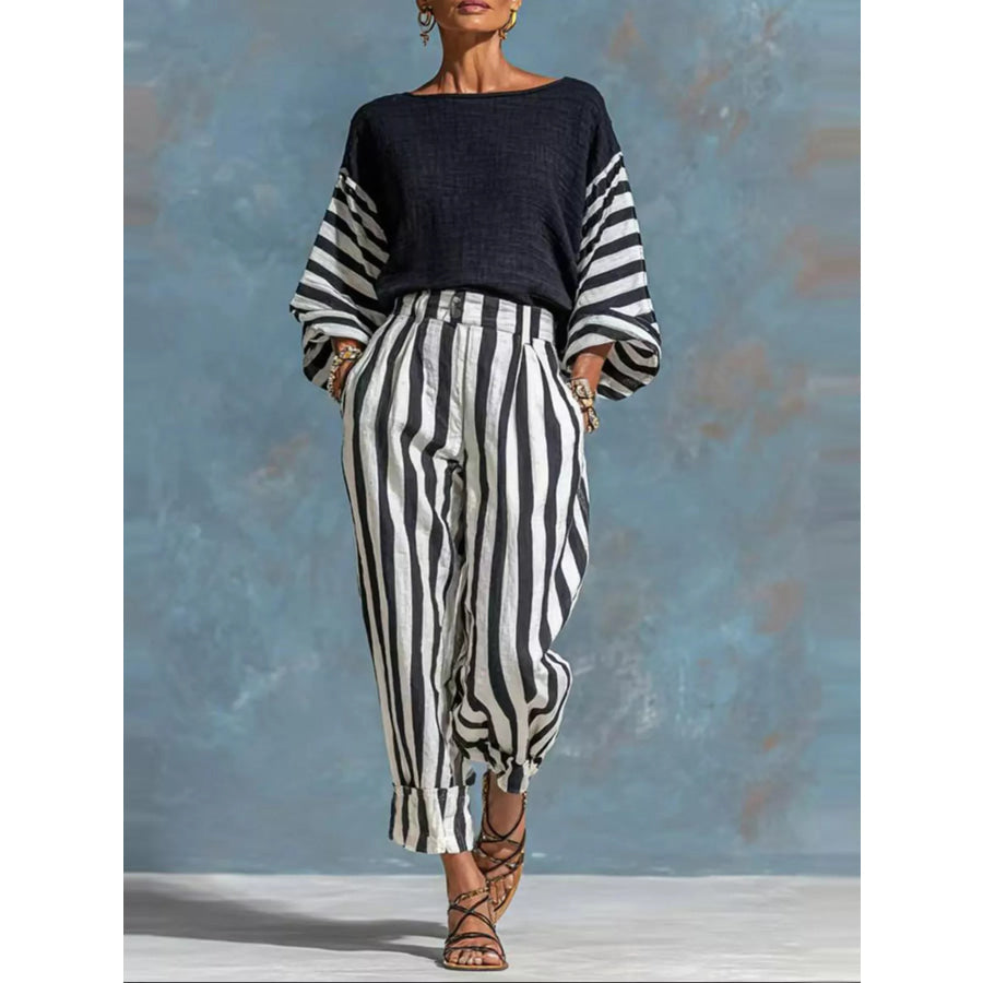 Striped Long Sleeve Top and Pants Set Black / S Apparel Accessories