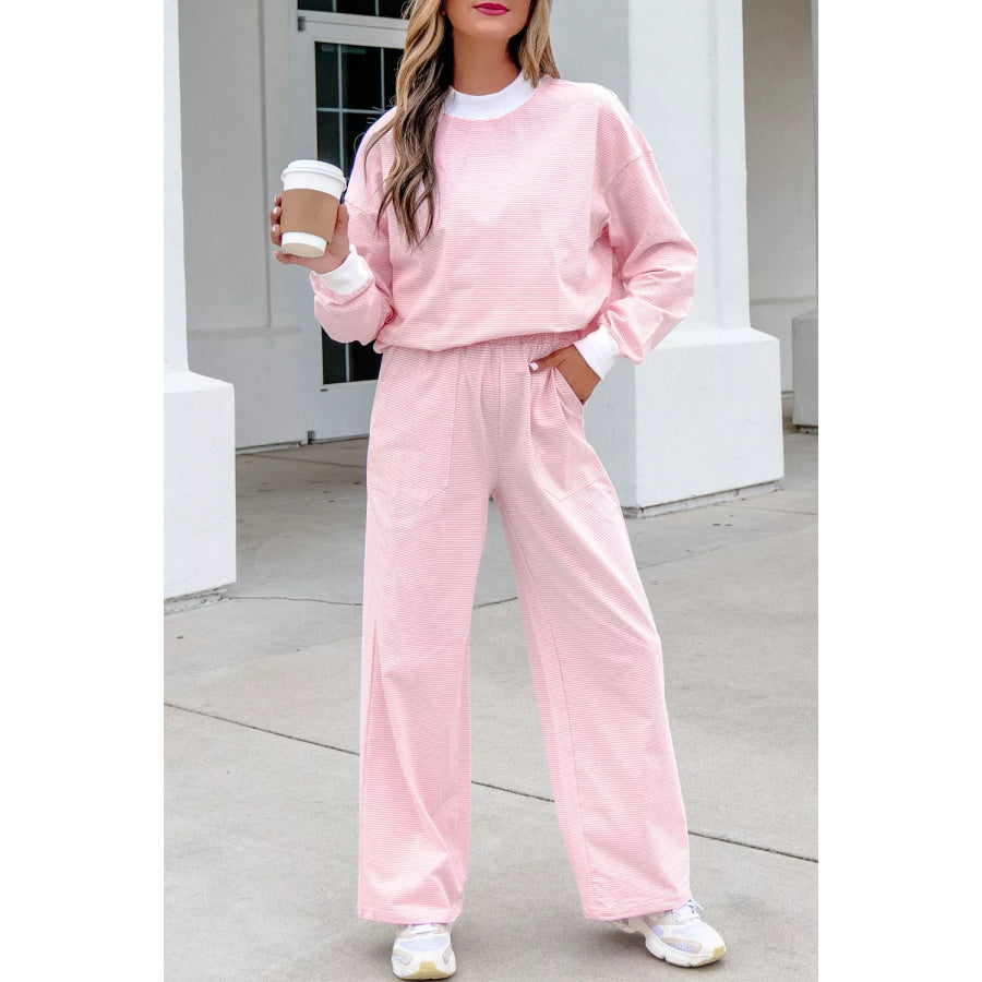 Striped Long Sleeve Top and Pants Set Blush Pink / S Apparel and Accessories