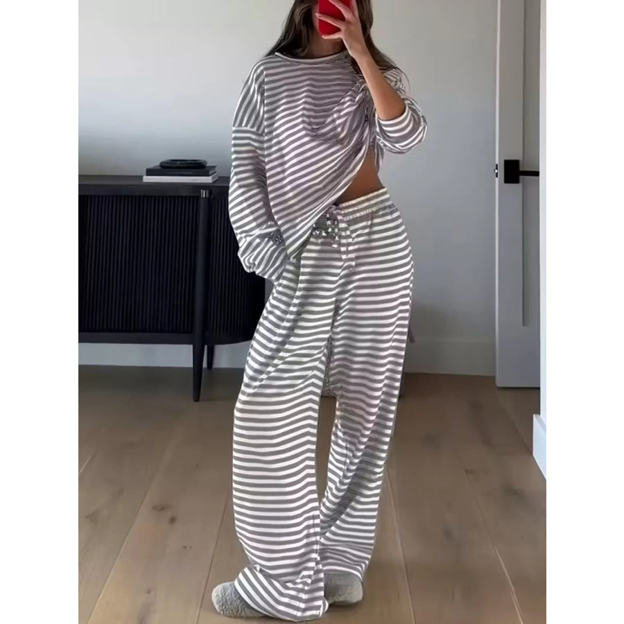 Striped Long Sleeve Top and Pants Set Gray / S Apparel and Accessories
