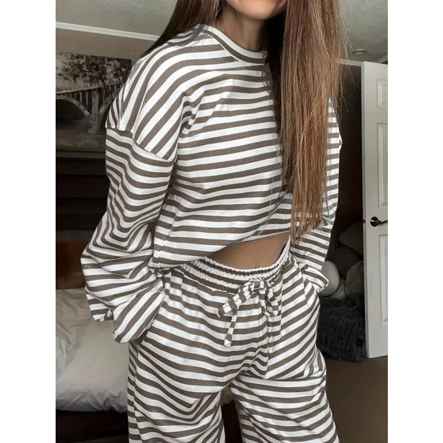 Striped Long Sleeve Top and Pants Set Khaki / S Apparel and Accessories