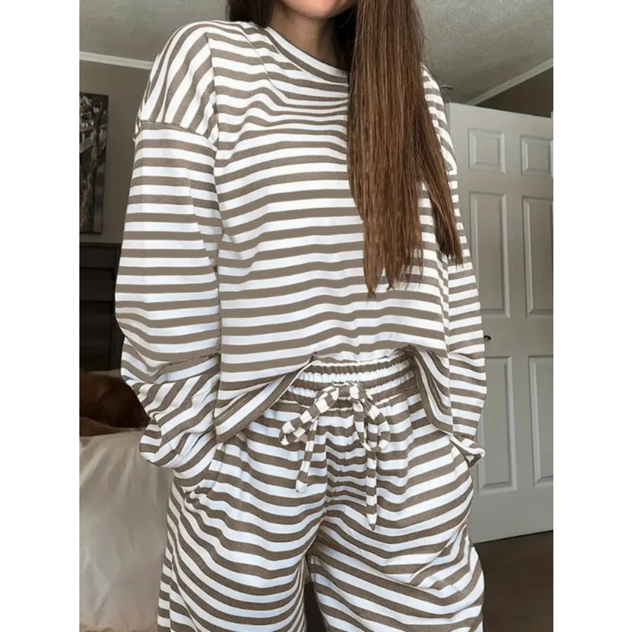 Striped Long Sleeve Top and Pants Set Khaki / S Apparel and Accessories