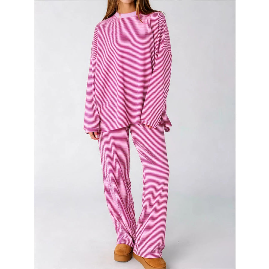 Striped Long Sleeve Top and Pants Set Pink / S Apparel Accessories