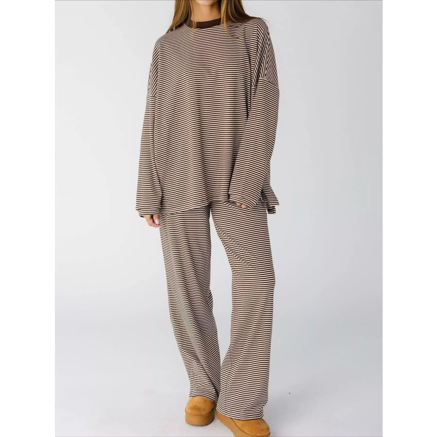 Striped Long Sleeve Top and Pants Set Tan / S Apparel Accessories