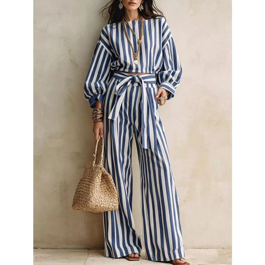 Striped Long Sleeve Top and Pants Two-Piece Set Dark Blue / S Apparel and Accessories