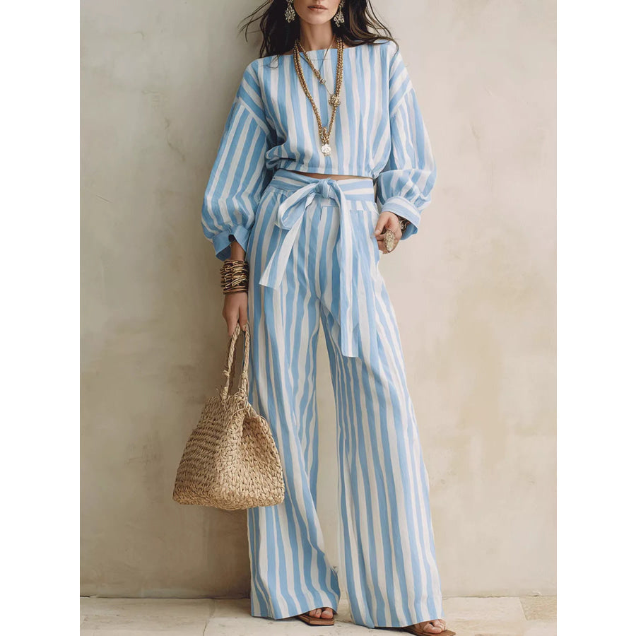 Striped Long Sleeve Top and Pants Two-Piece Set Light Blue / S Apparel and Accessories