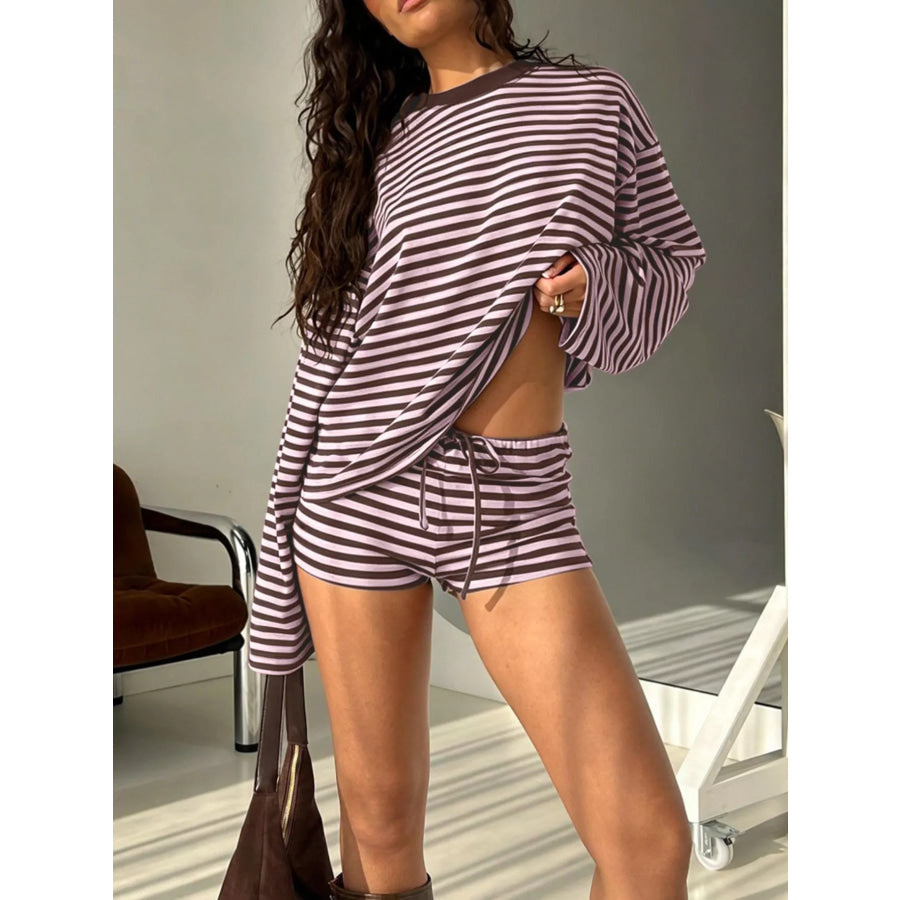 Striped Long Sleeve Top and Shorts Set Apparel Accessories
