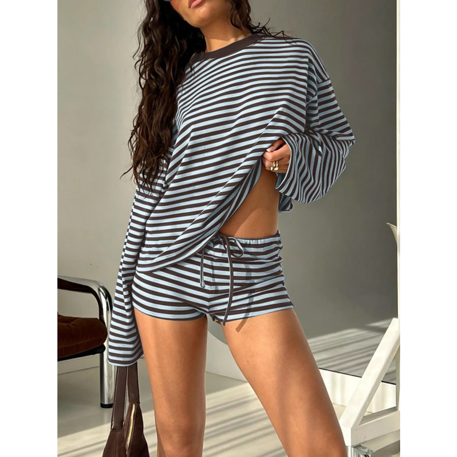 Striped Long Sleeve Top and Shorts Set Apparel Accessories