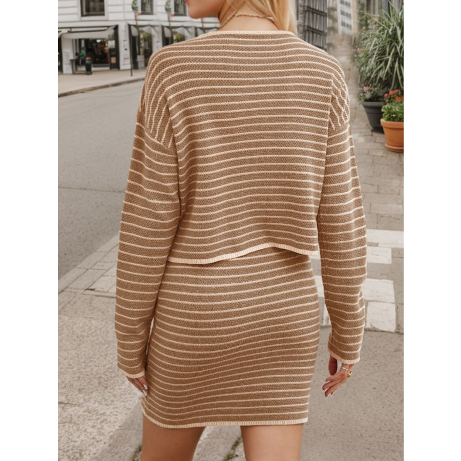 Striped Long Sleeve Top and Skirt Set Camel / S Apparel and Accessories