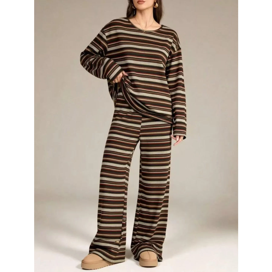 Striped Long-Sleeve Top and Wide-Leg Pants Set Apparel and Accessories