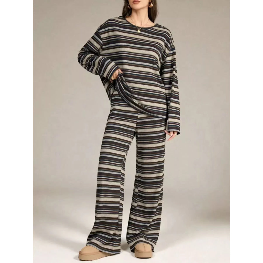 Striped Long-Sleeve Top and Wide-Leg Pants Set Black / S Apparel and Accessories