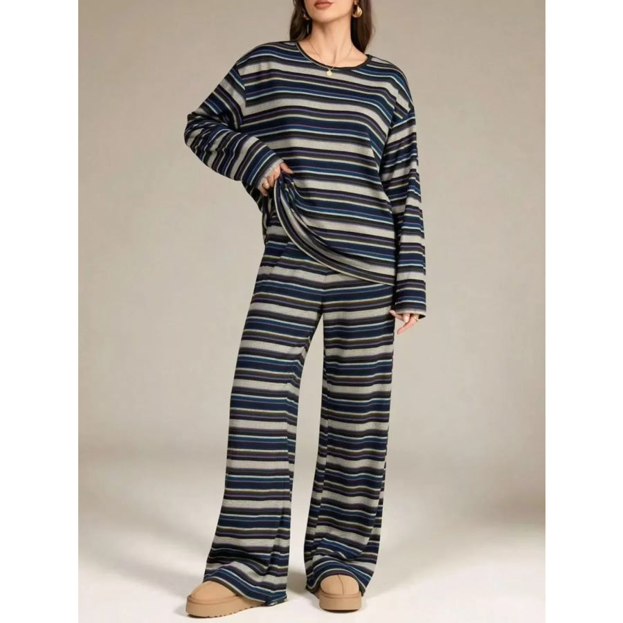 Striped Long-Sleeve Top and Wide-Leg Pants Set Blue / S Apparel and Accessories