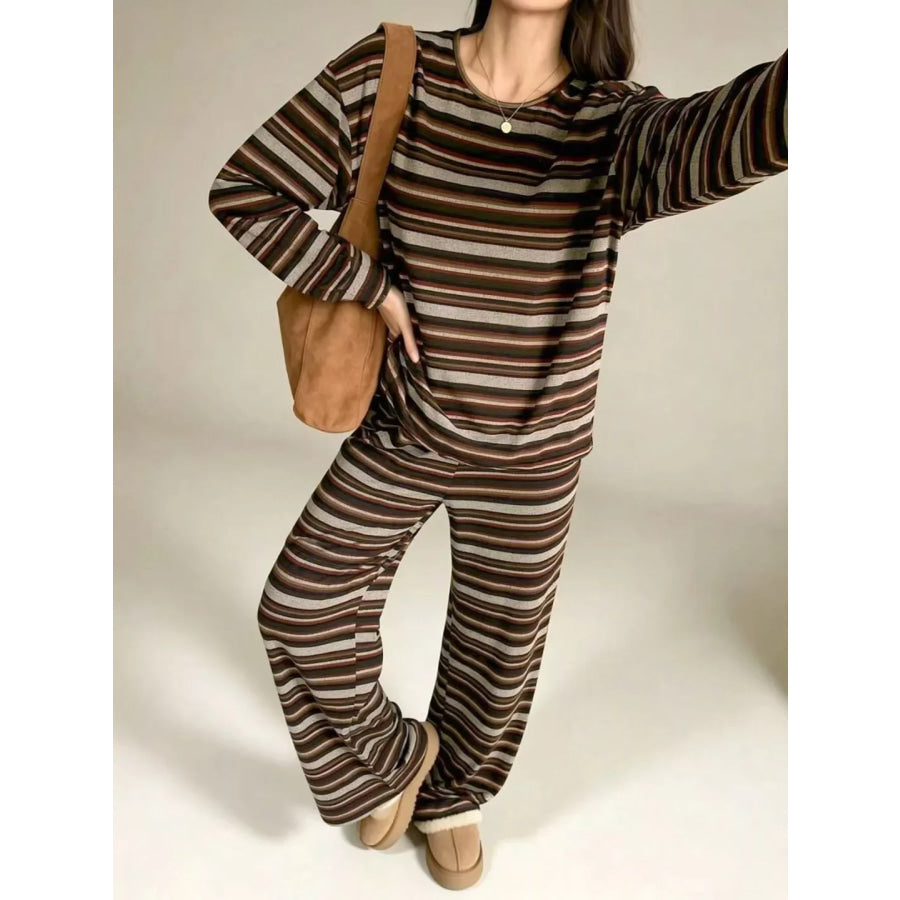 Striped Long-Sleeve Top and Wide-Leg Pants Set Brown / S Apparel and Accessories