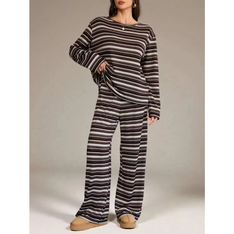 Striped Long-Sleeve Top and Wide-Leg Pants Set Burgundy / S Apparel and Accessories