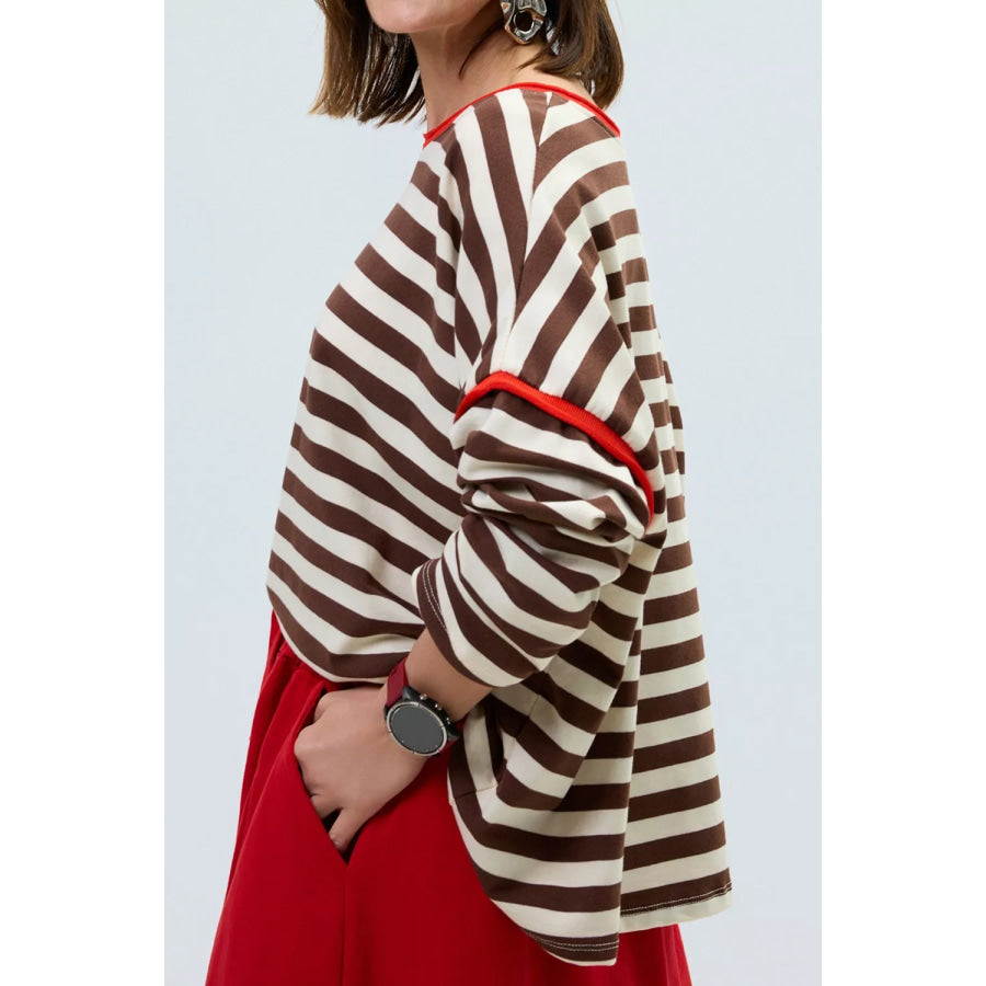 Striped Long-Sleeve Top with Contrast Trim Apparel and Accessories