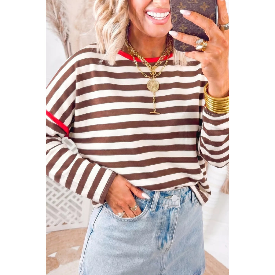 Striped Long-Sleeve Top with Contrast Trim Apparel and Accessories