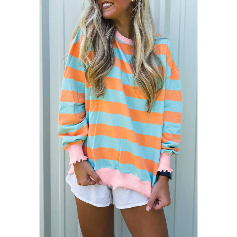 Striped Long Sleeve Top with Lettuce-Edge Cuffs Apparel and Accessories