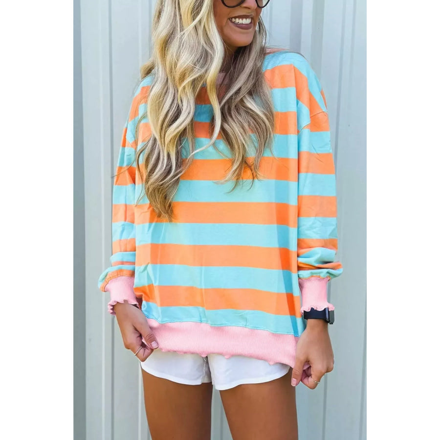 Striped Long Sleeve Top with Lettuce-Edge Cuffs Tangerine / S Apparel and Accessories