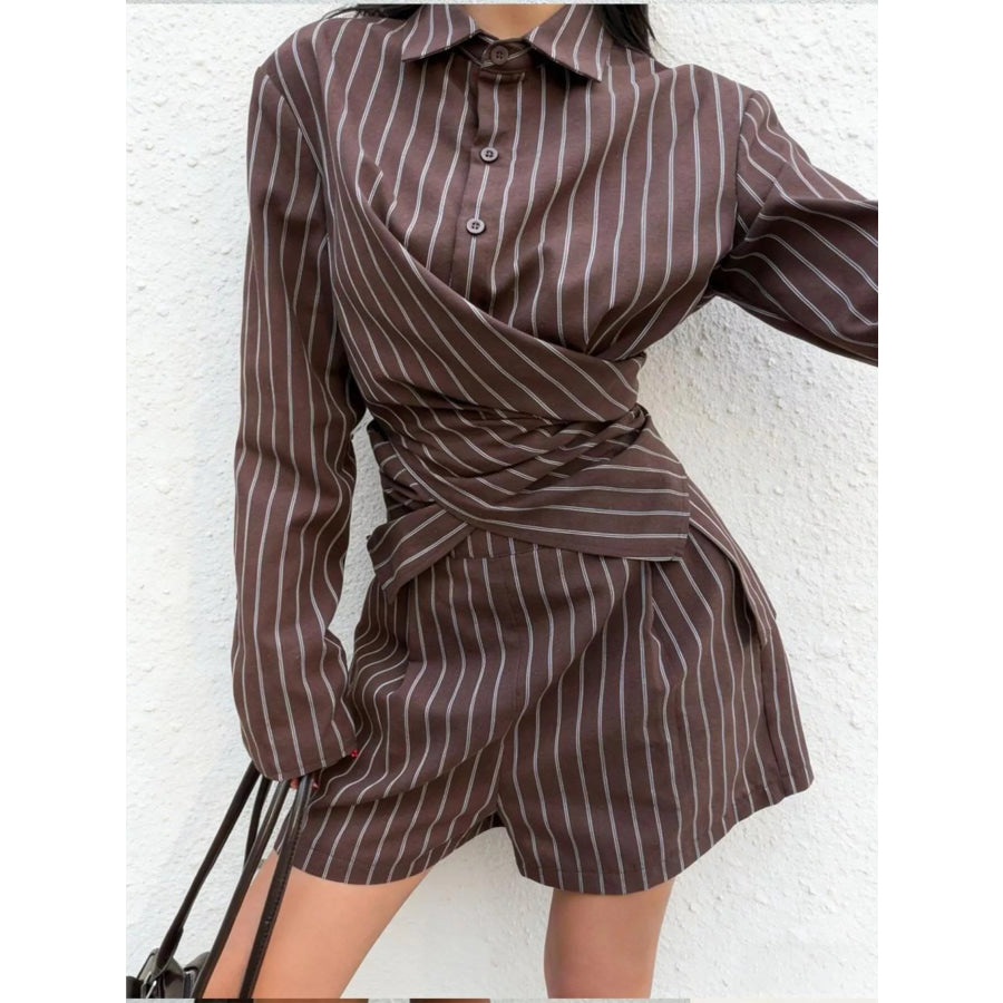 Striped Long-Sleeve Wrap Shirt and Shorts Two-Piece Set Apparel and Accessories
