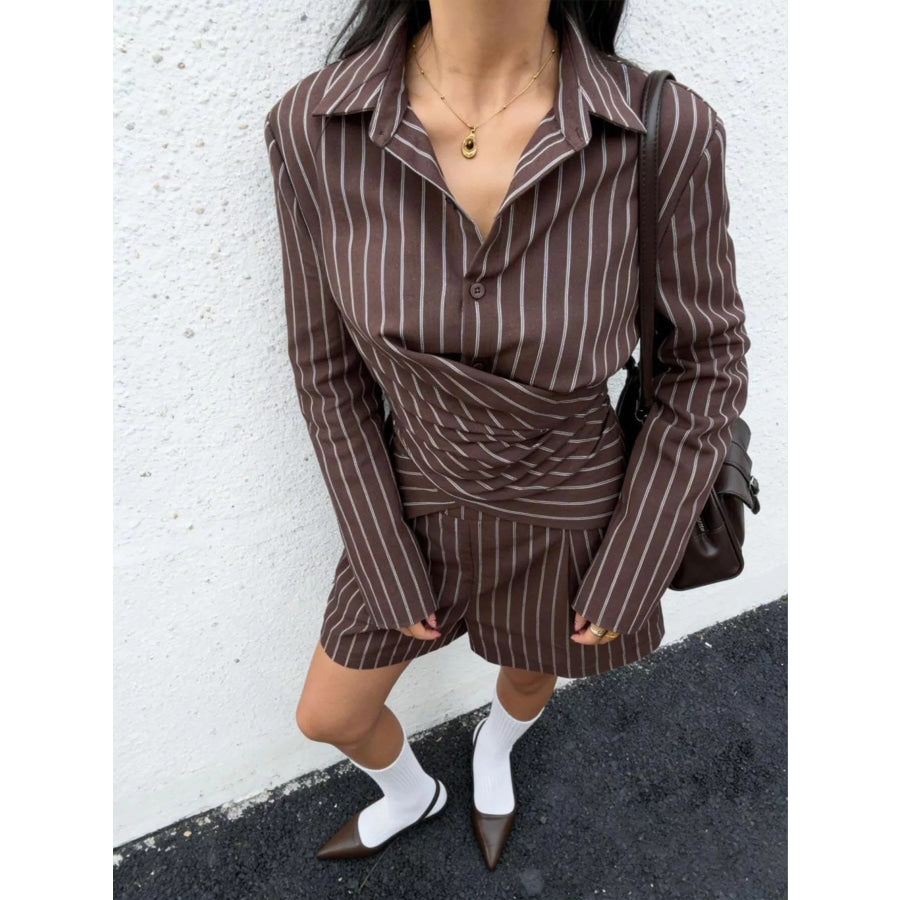 Striped Long-Sleeve Wrap Shirt and Shorts Two-Piece Set Apparel and Accessories