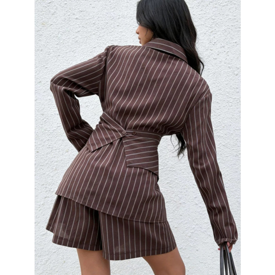 Striped Long-Sleeve Wrap Shirt and Shorts Two-Piece Set Apparel and Accessories