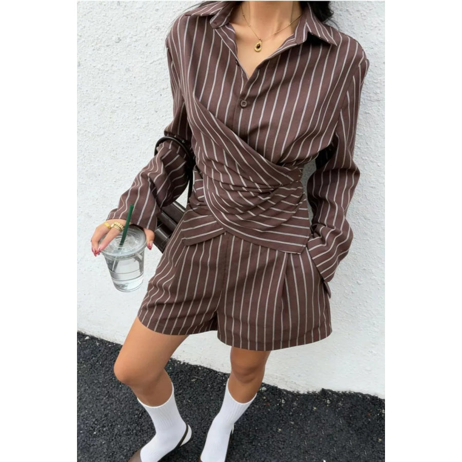 Striped Long-Sleeve Wrap Shirt and Shorts Two-Piece Set Coffee Brown / XS Apparel and Accessories