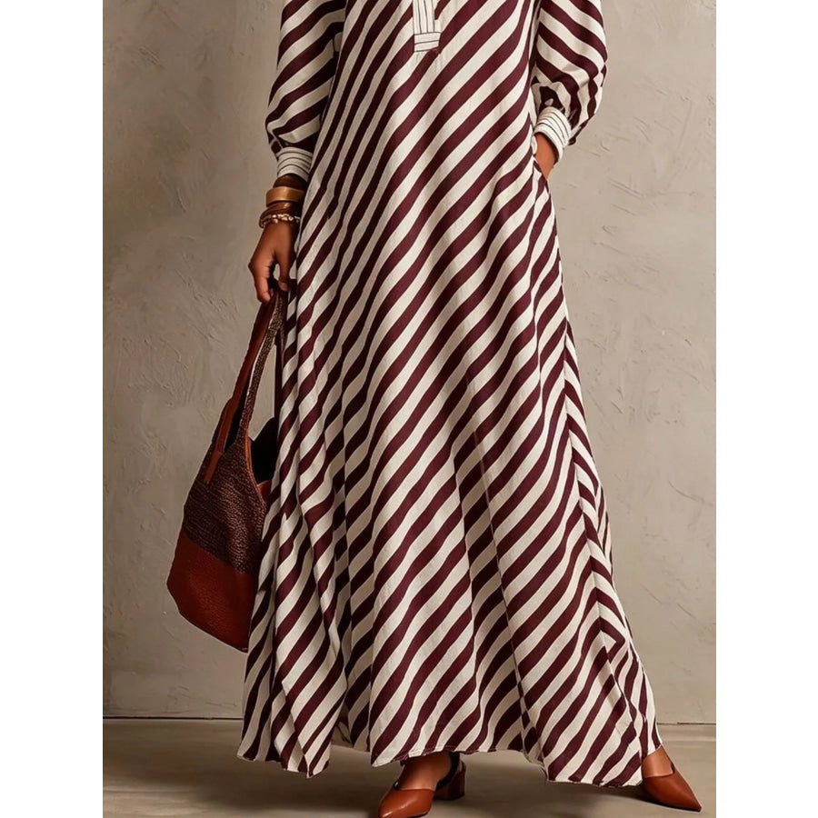 Striped Long Sleeves Maxi Dress Burgundy / S Apparel and Accessories