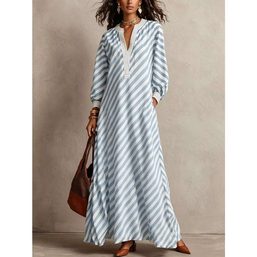 Striped Long Sleeves Maxi Dress Light Blue / S Apparel and Accessories