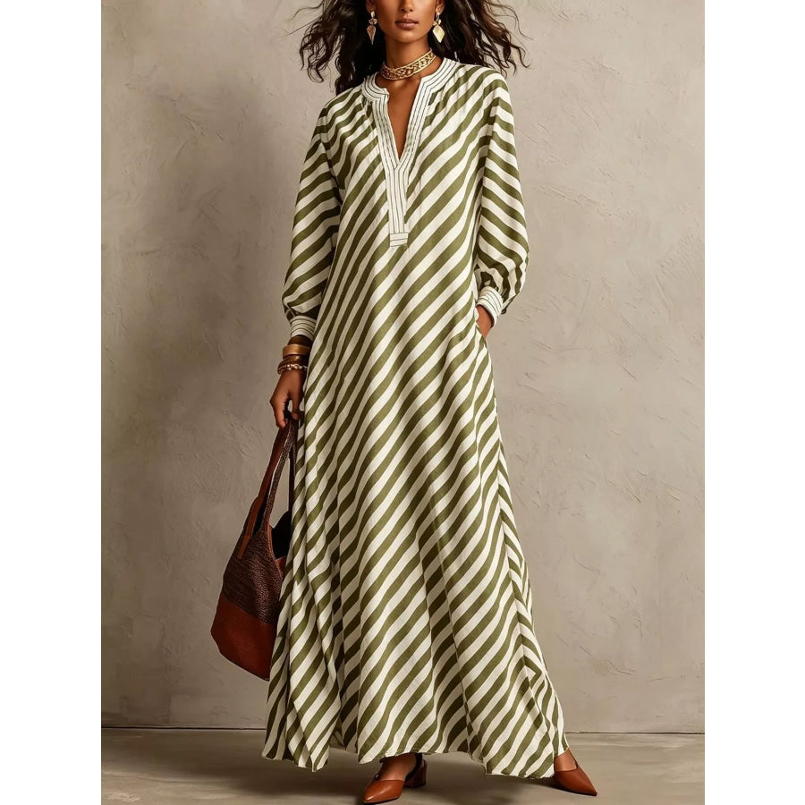 Striped Long Sleeves Maxi Dress Sage / S Apparel and Accessories