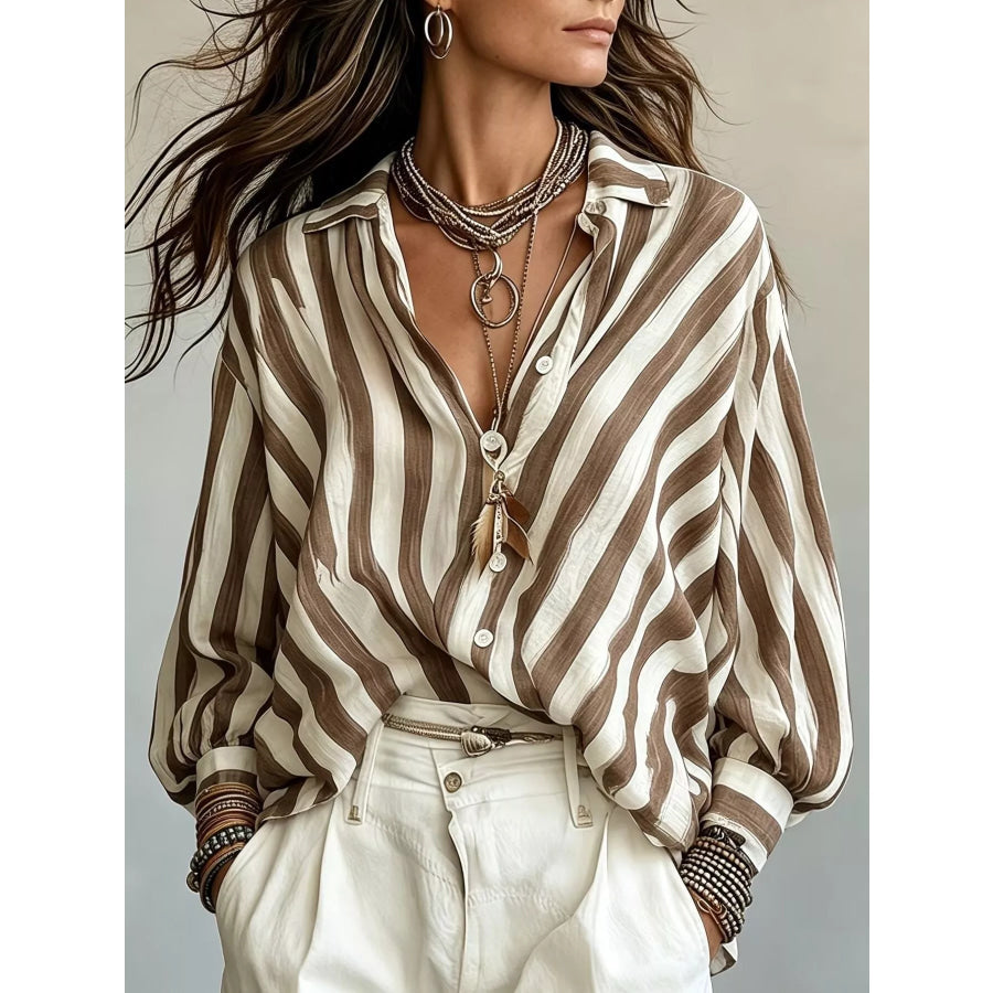 Striped Loose Fit Shirt Khaki / S Apparel and Accessories