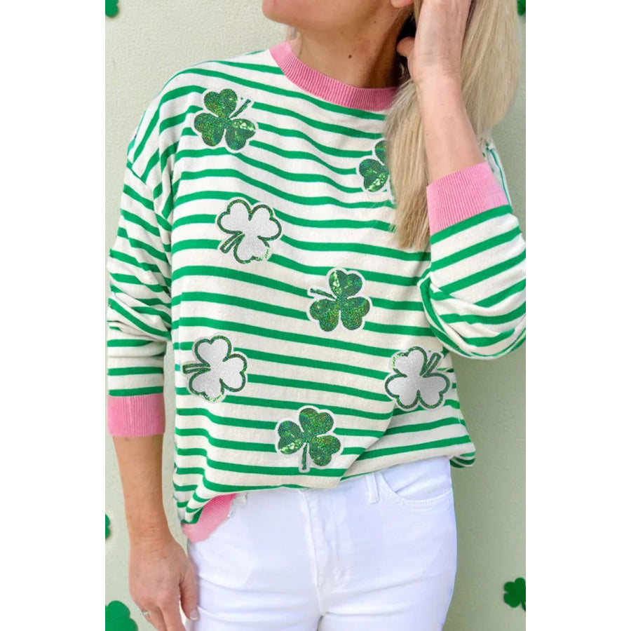 Striped Lucky Clover Long Sleeve Sweatshirt Gum Leaf / S Apparel and Accessories