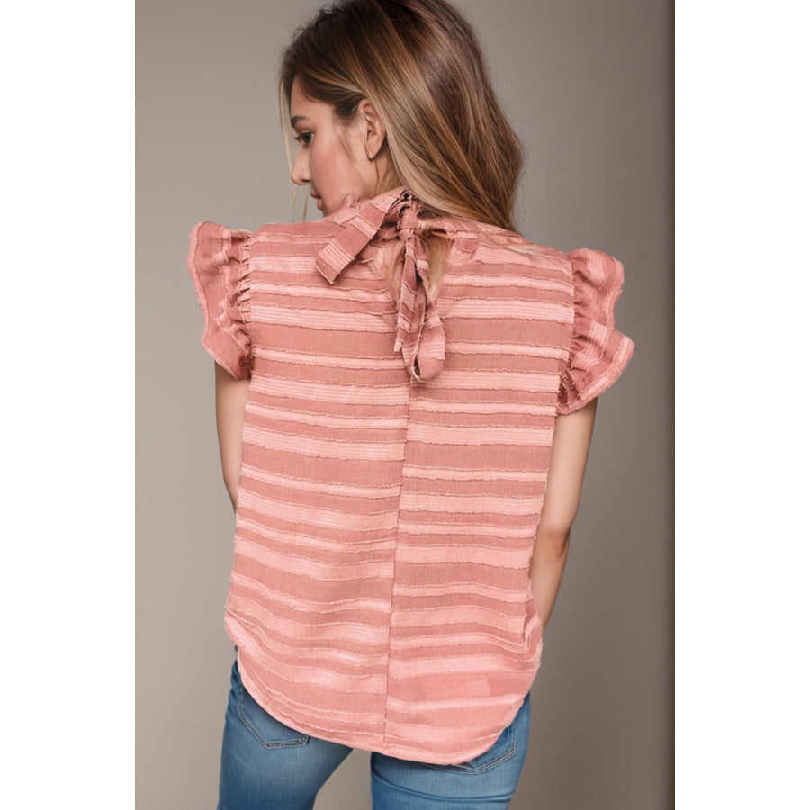 Striped Mock Neck Cap Sleeve Blouse Apparel and Accessories