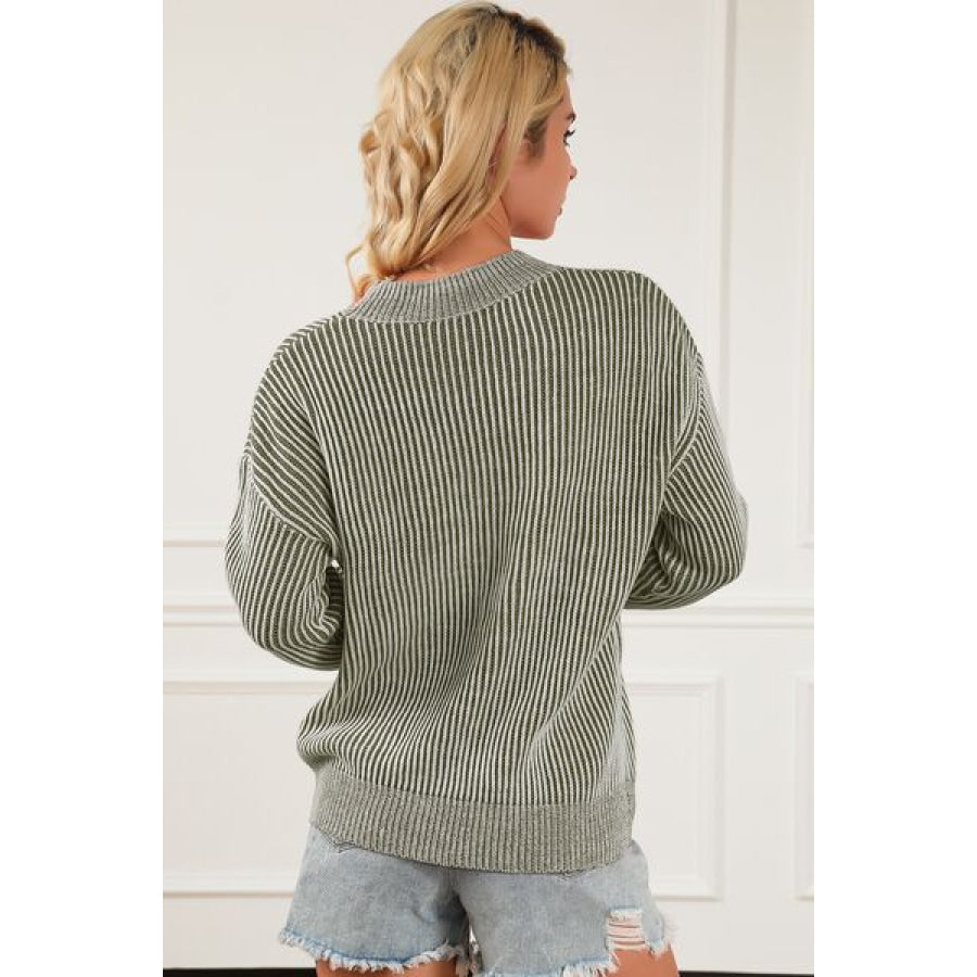 Striped Mock Neck Dropped Shoulder Sweater Apparel and Accessories