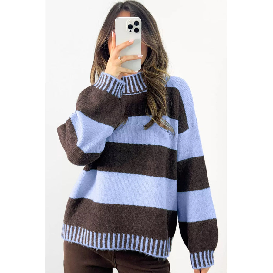 Striped Mock Neck Dropped Shoulder Sweater Apparel and Accessories