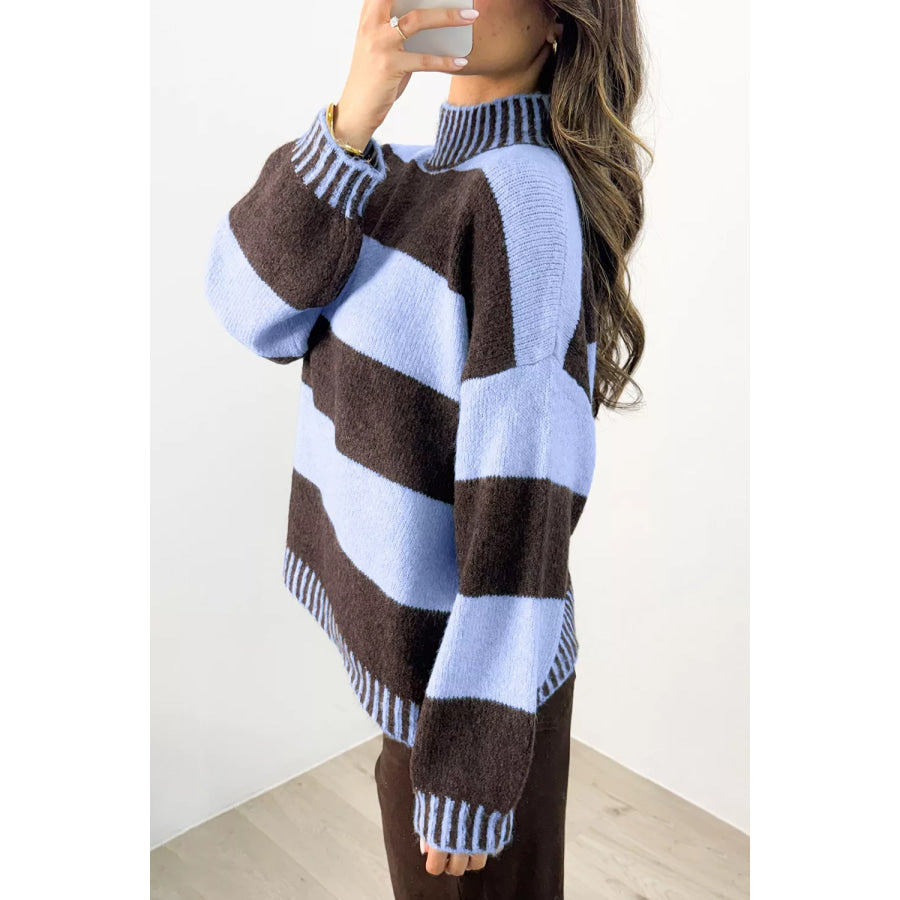 Striped Mock Neck Dropped Shoulder Sweater Apparel and Accessories