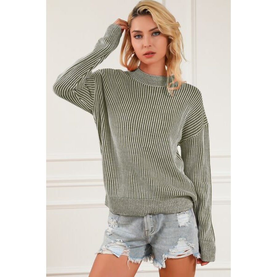 Striped Mock Neck Dropped Shoulder Sweater Apparel and Accessories