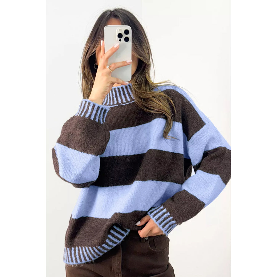Striped Mock Neck Dropped Shoulder Sweater Apparel and Accessories