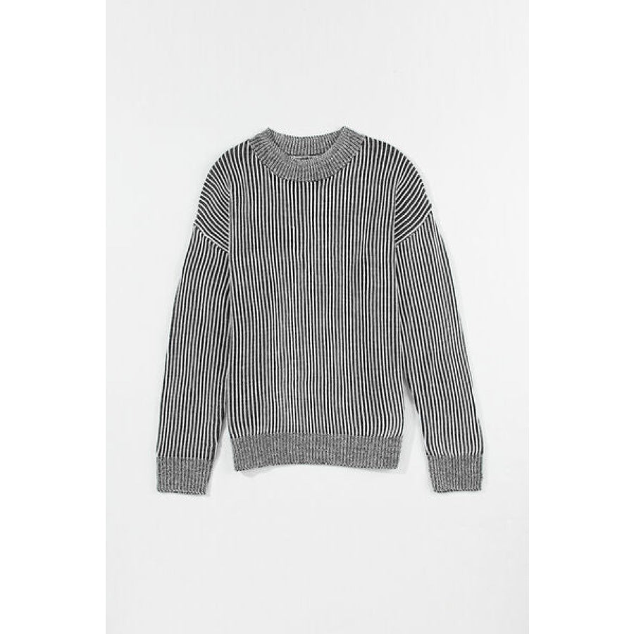Striped Mock Neck Dropped Shoulder Sweater Black / S Apparel and Accessories