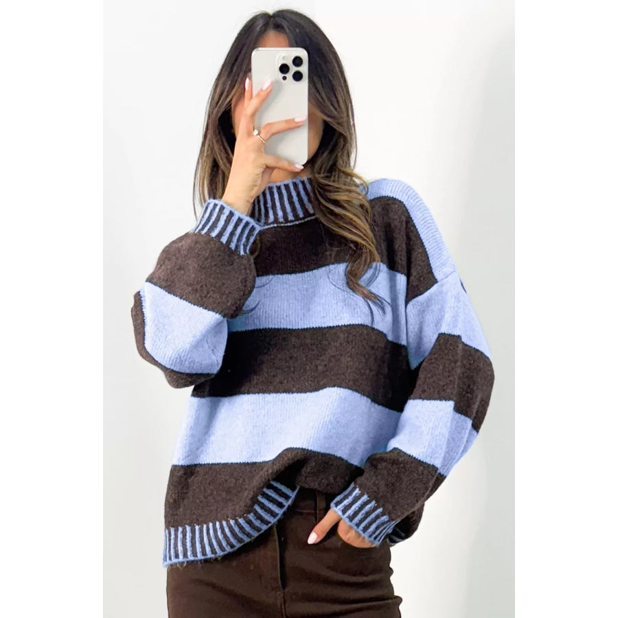 Striped Mock Neck Dropped Shoulder Sweater Light Blue / S Apparel and Accessories