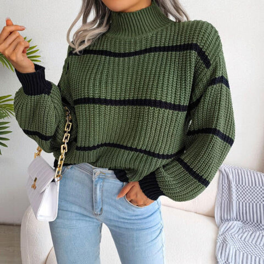 Striped Mock Neck Dropped Shoulder Sweater Mid Green / S