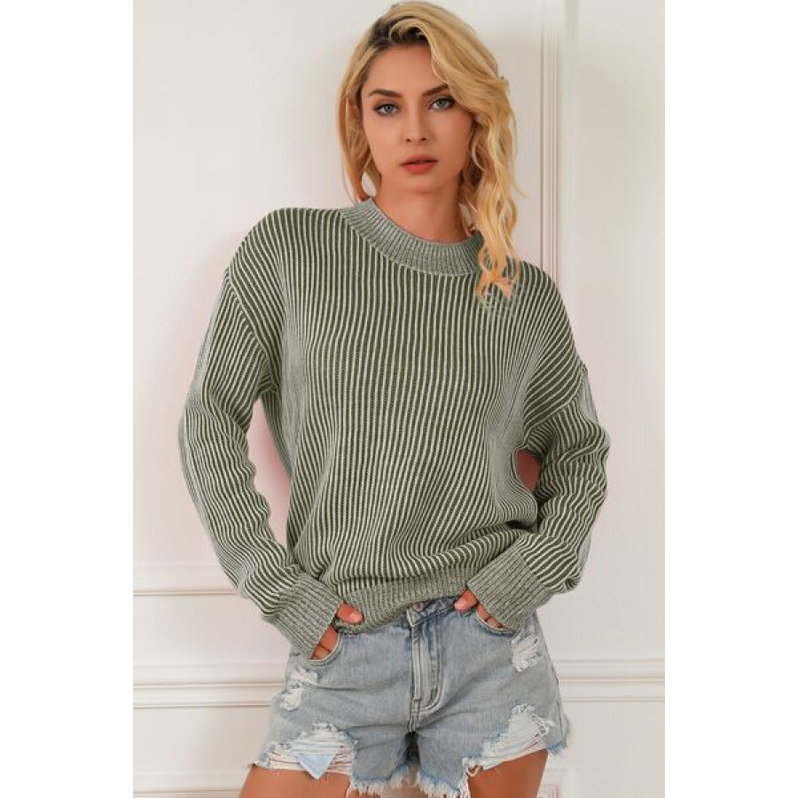 Striped Mock Neck Dropped Shoulder Sweater Sage / S Apparel and Accessories