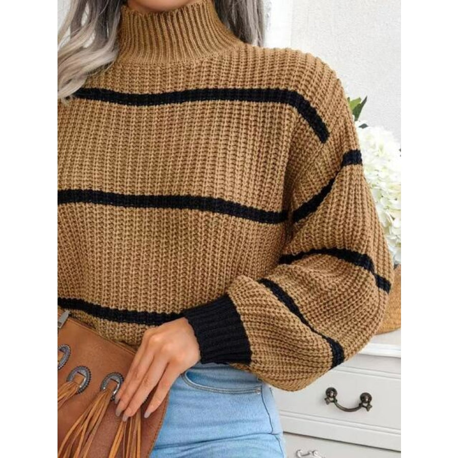 Striped Mock Neck Dropped Shoulder Sweater